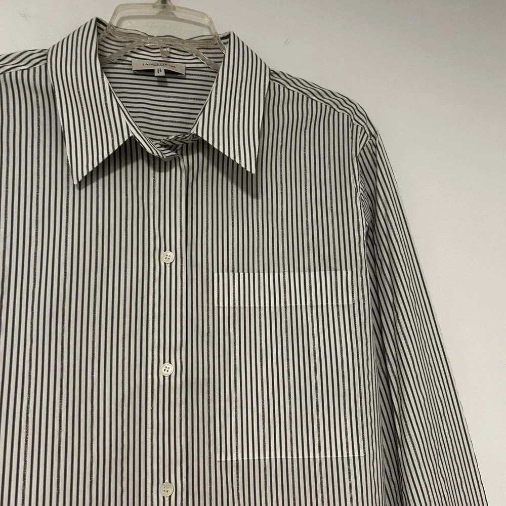 Lafayette 148 New York Striped Metallic Sparkle Cotton Blouse Shirt Large #1R63 - Picture 2 of 9